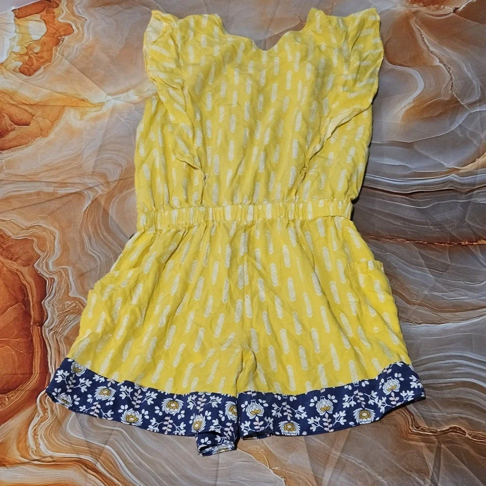 Matilda Jane Girls Yellow Romper Size 12 Blue Floral Trim Button Front
